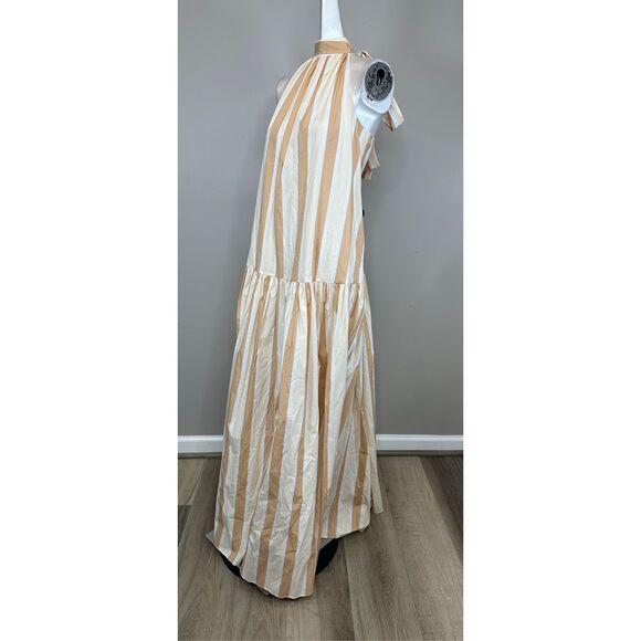 NWT Staud Marlowe Striped Halter Tie Neck Sleeveless Midi Dress Tan White Small - Picture 6 of 10